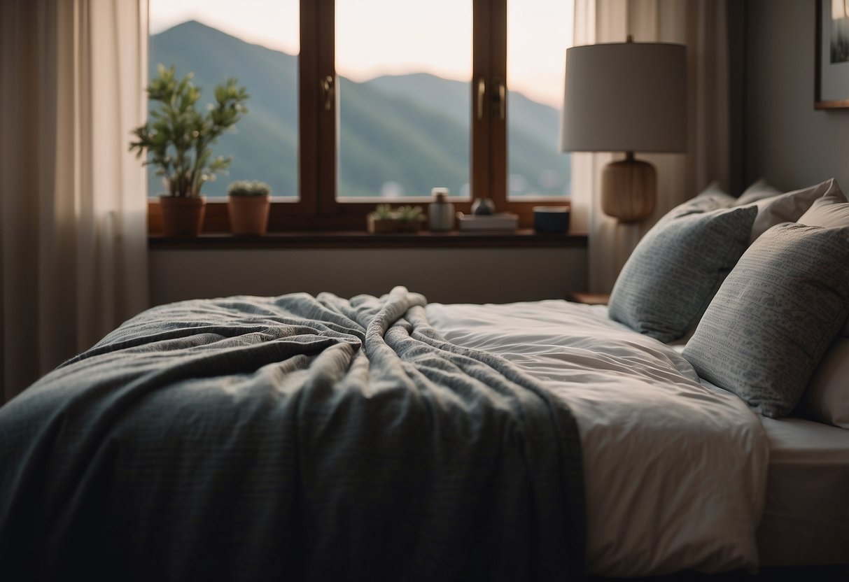 A serene, dimly lit bedroom with a comfortable bed and soft, soothing colors. A gentle breeze flows through open windows, creating a peaceful atmosphere for rest and relaxation