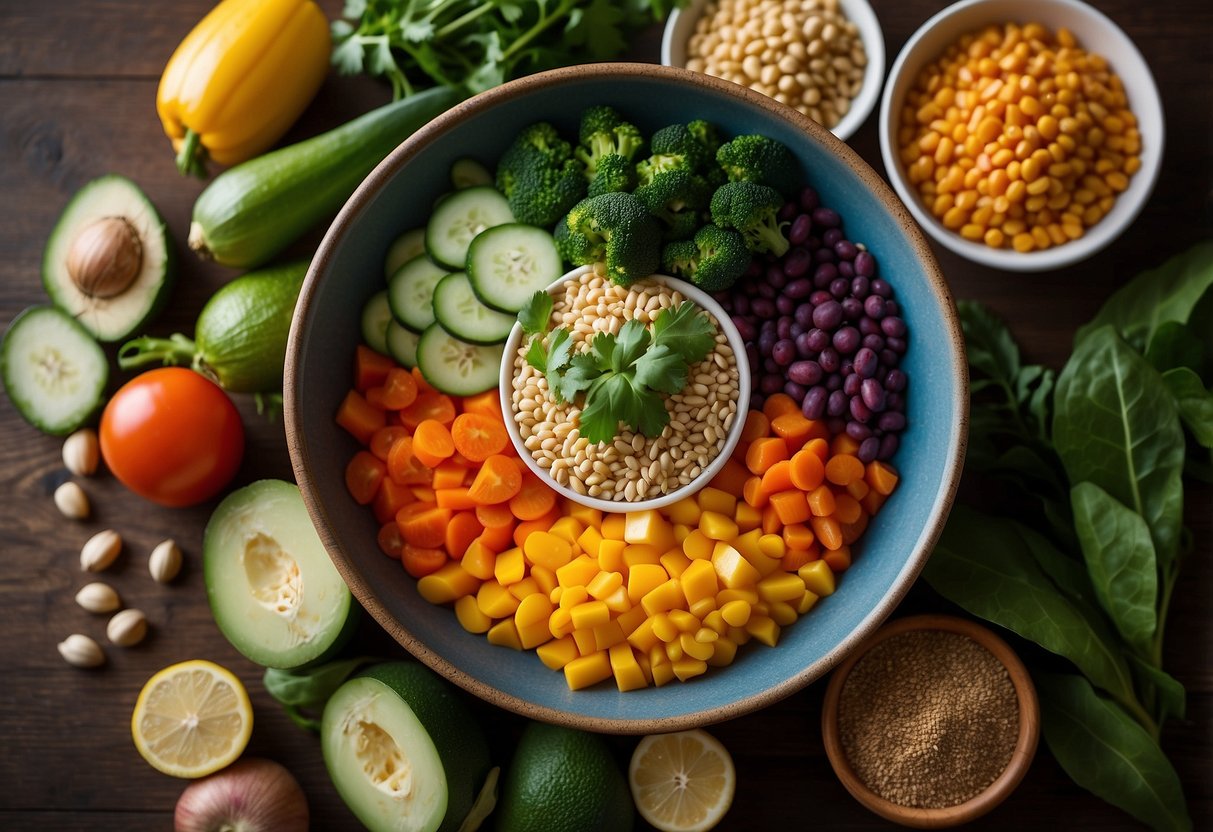 A colorful array of fresh vegetables, grains, and legumes arranged in a large bowl, showcasing the vibrant colors and textures of a vegan Buddha bowl