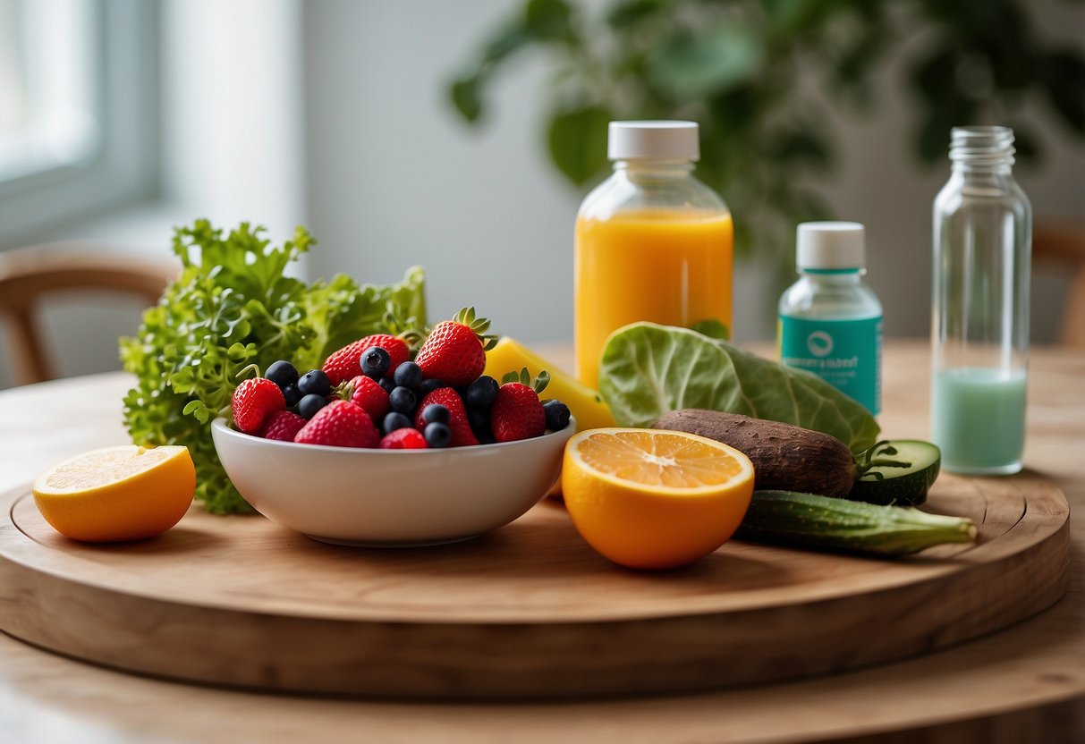 A bowl of colorful fruits and vegetables, a glass of water, a bottle of prenatal vitamins, a tube of sunscreen, and a jar of moisturizer on a clean, well-lit table