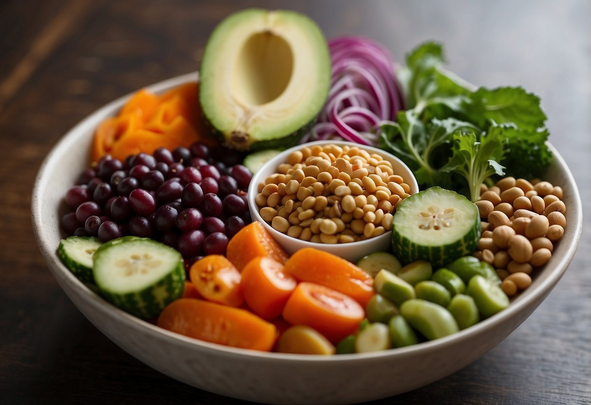 A colorful array of fresh, raw vegetables, grains, and legumes arranged in a large bowl, creating a visually appealing and nutritious vegan Buddha bowl