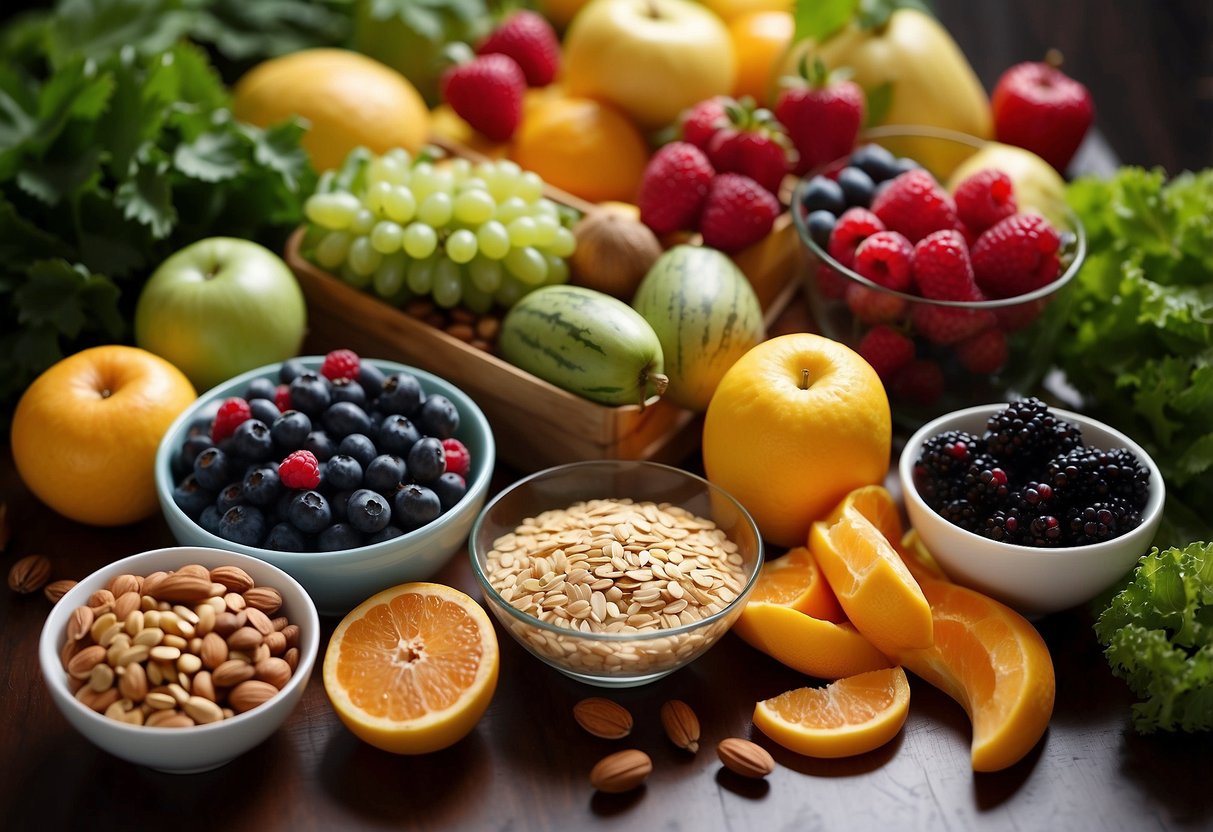 Colorful array of fruits, vegetables, and whole grains arranged on a table. Bright, vibrant foods like berries, leafy greens, and nuts are displayed to promote a healthy pregnancy