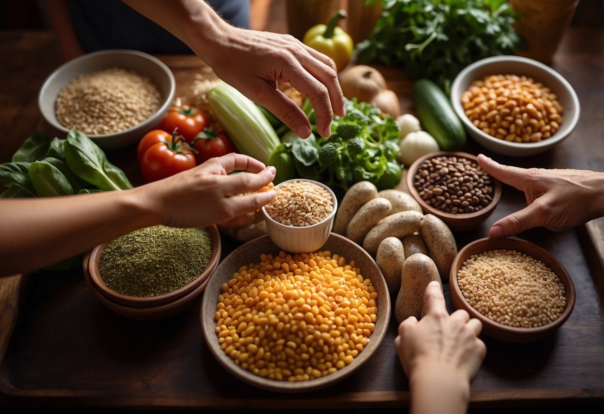 A hand reaches for a variety of fresh vegetables, grains, and legumes laid out on a table, carefully measuring and selecting ingredients for a vegan Buddha bowl