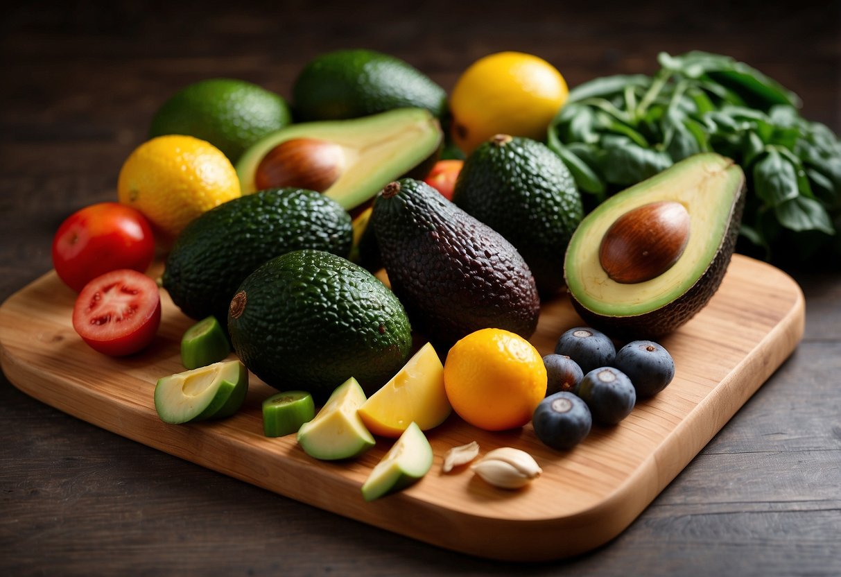 A variety of vibrant avocados arranged on a wooden cutting board, surrounded by colorful fruits and vegetables, with a book titled "Avocados 10 Power Foods for a Healthy Pregnancy" open nearby