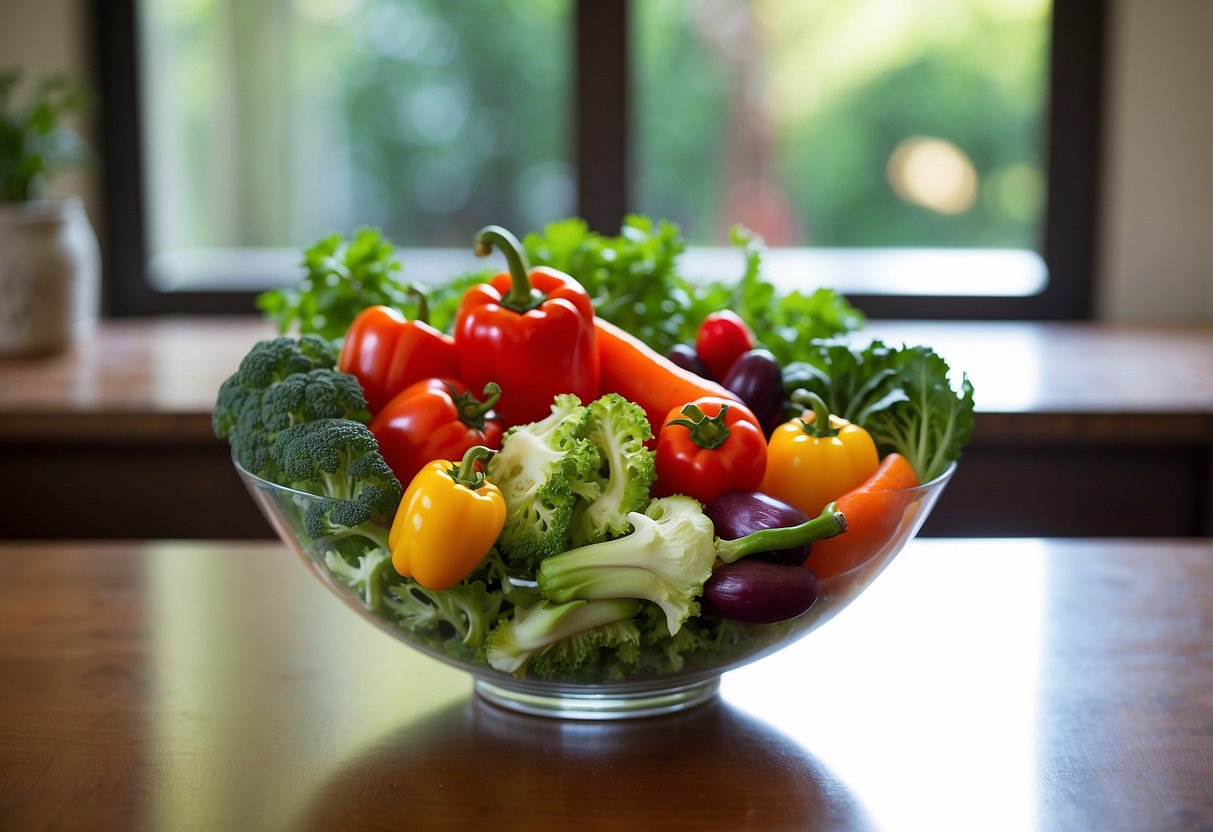 A colorful array of fresh vegetables, including leafy greens, vibrant bell peppers, crunchy carrots, and ripe cherry tomatoes, arranged in a balanced and visually appealing manner in a bowl