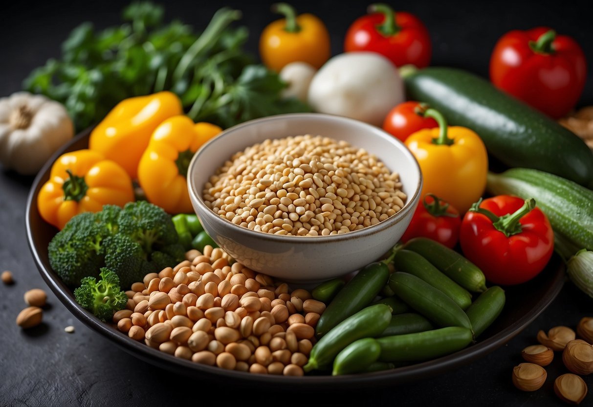 A colorful array of fresh vegetables, grains, and legumes arranged in a vibrant bowl, showcasing the perfect balance of flavors and textures