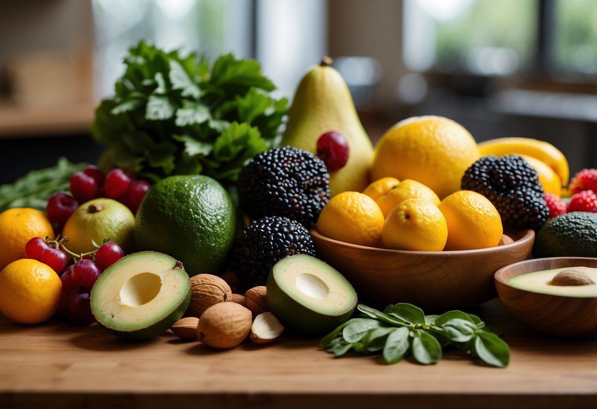 Colorful array of fruits, vegetables, and nuts arranged on a table. Vibrant and healthy foods, including leafy greens, berries, and avocados, are featured