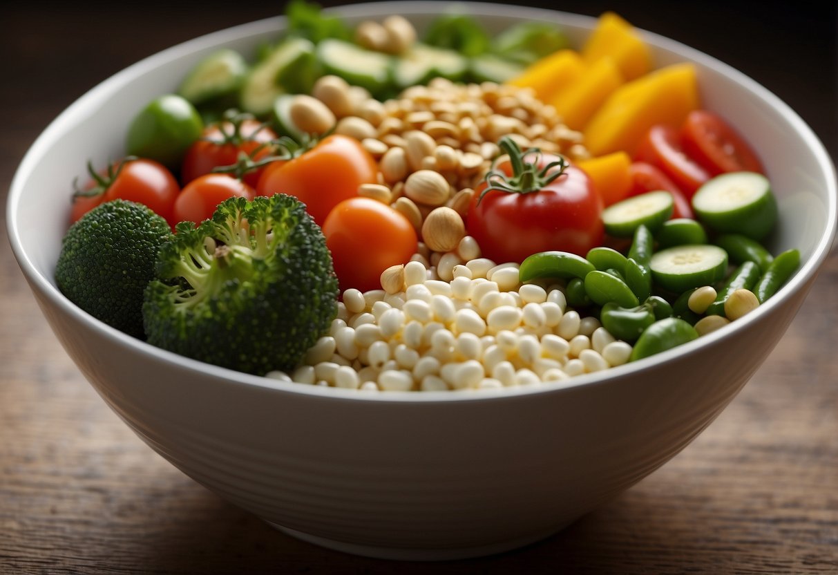 A colorful array of fresh vegetables, grains, and legumes arranged in a bowl. Toppings like nuts, seeds, and a drizzle of dressing add texture and flavor