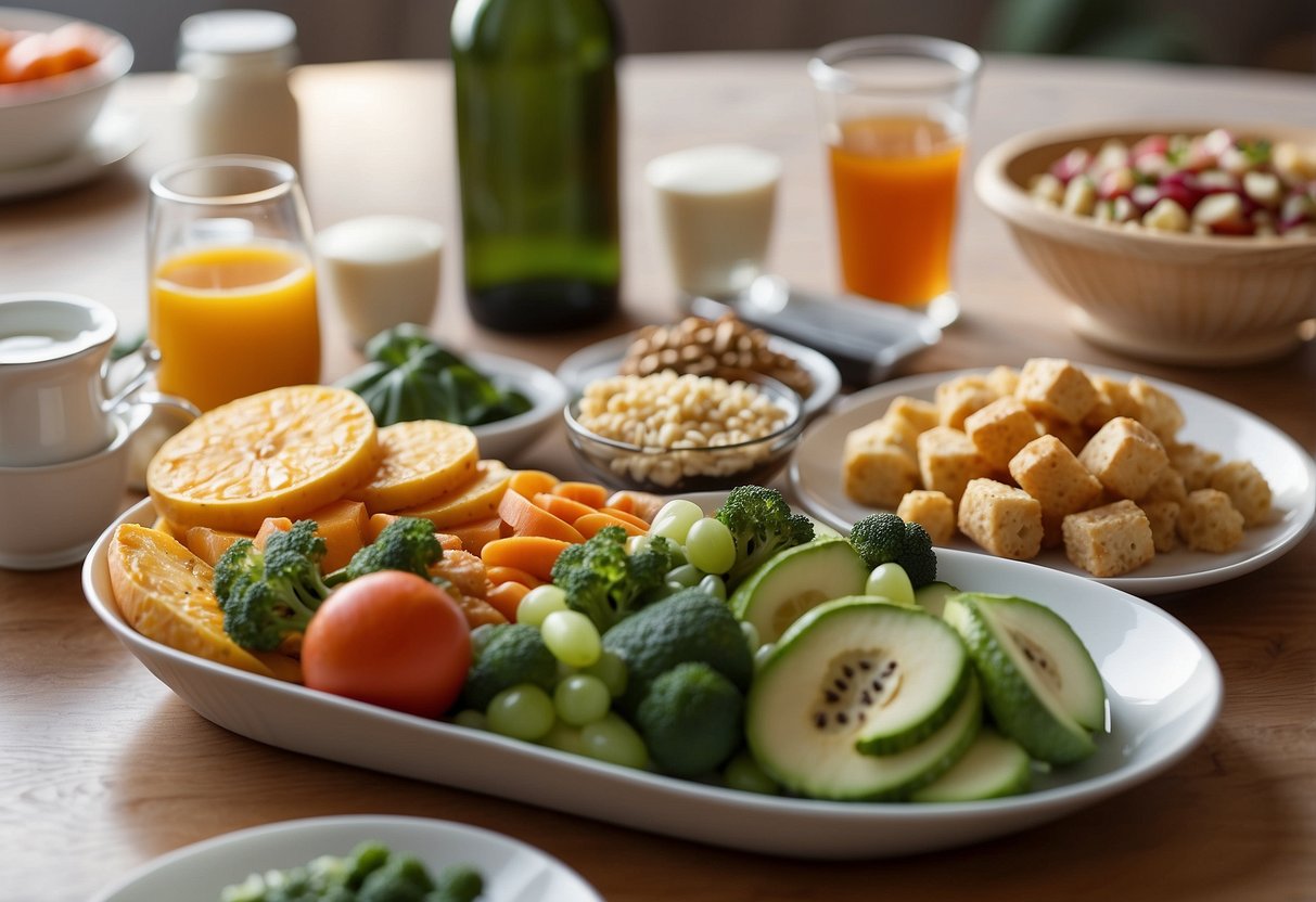 A dining table with various foods, some unhealthy and some healthy, surrounded by pregnancy-related items like prenatal vitamins and a water bottle