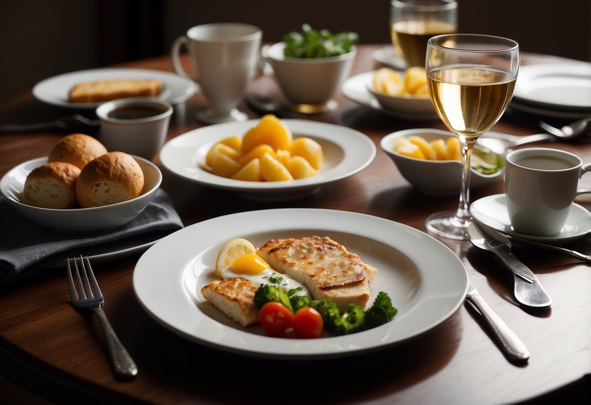 A table set with empty plates, untouched food, and a clock showing morning time