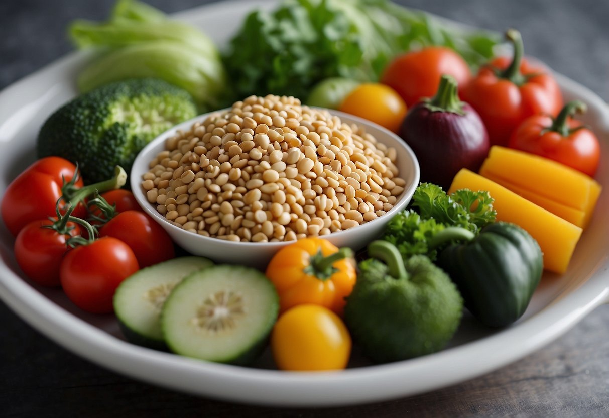 A variety of colorful, fresh vegetables and grains arranged in a bowl, with precise measurements and proportions for each ingredient