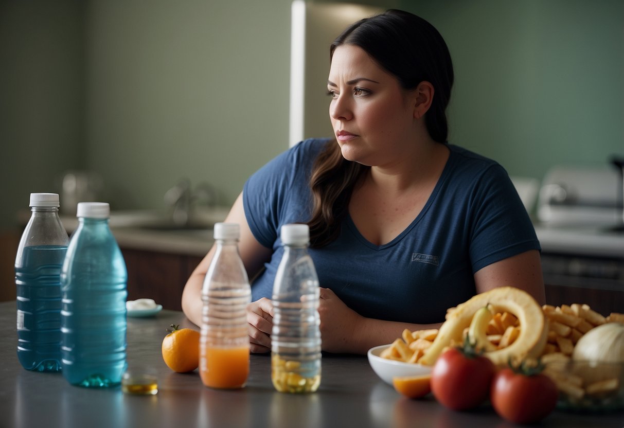 A pregnant woman surrounded by unhealthy food and empty water bottles, looking tired and dehydrated