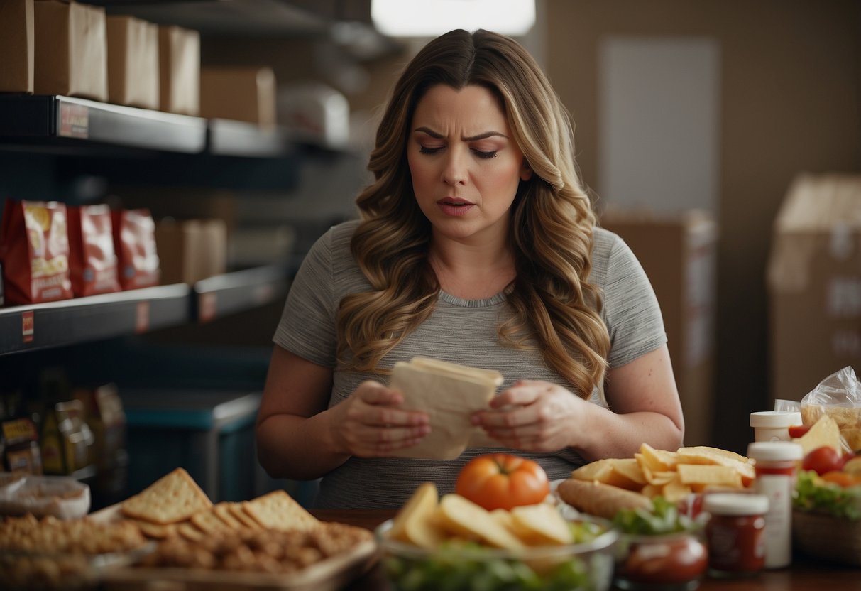 A pregnant woman surrounded by packaged and processed foods, with a look of confusion and concern on her face as she reads a list of common pregnancy diet mistakes