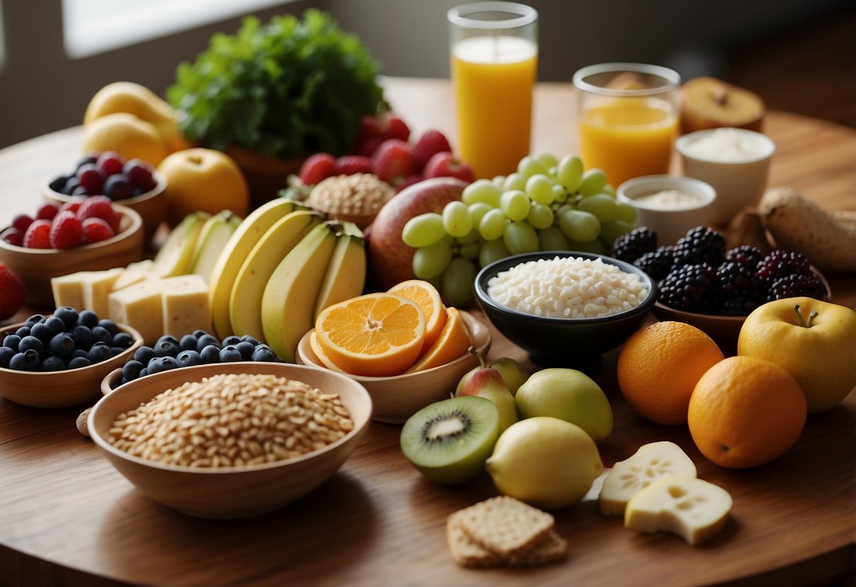 A spread of various food groups on a table, including fruits, vegetables, whole grains, lean proteins, and dairy products, representing a balanced pregnancy diet