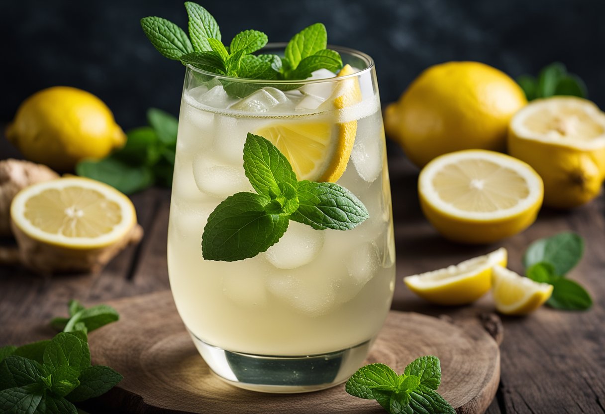 A glass of ginger ale surrounded by fresh ginger, lemon, and mint leaves. Nutritional information displayed next to it