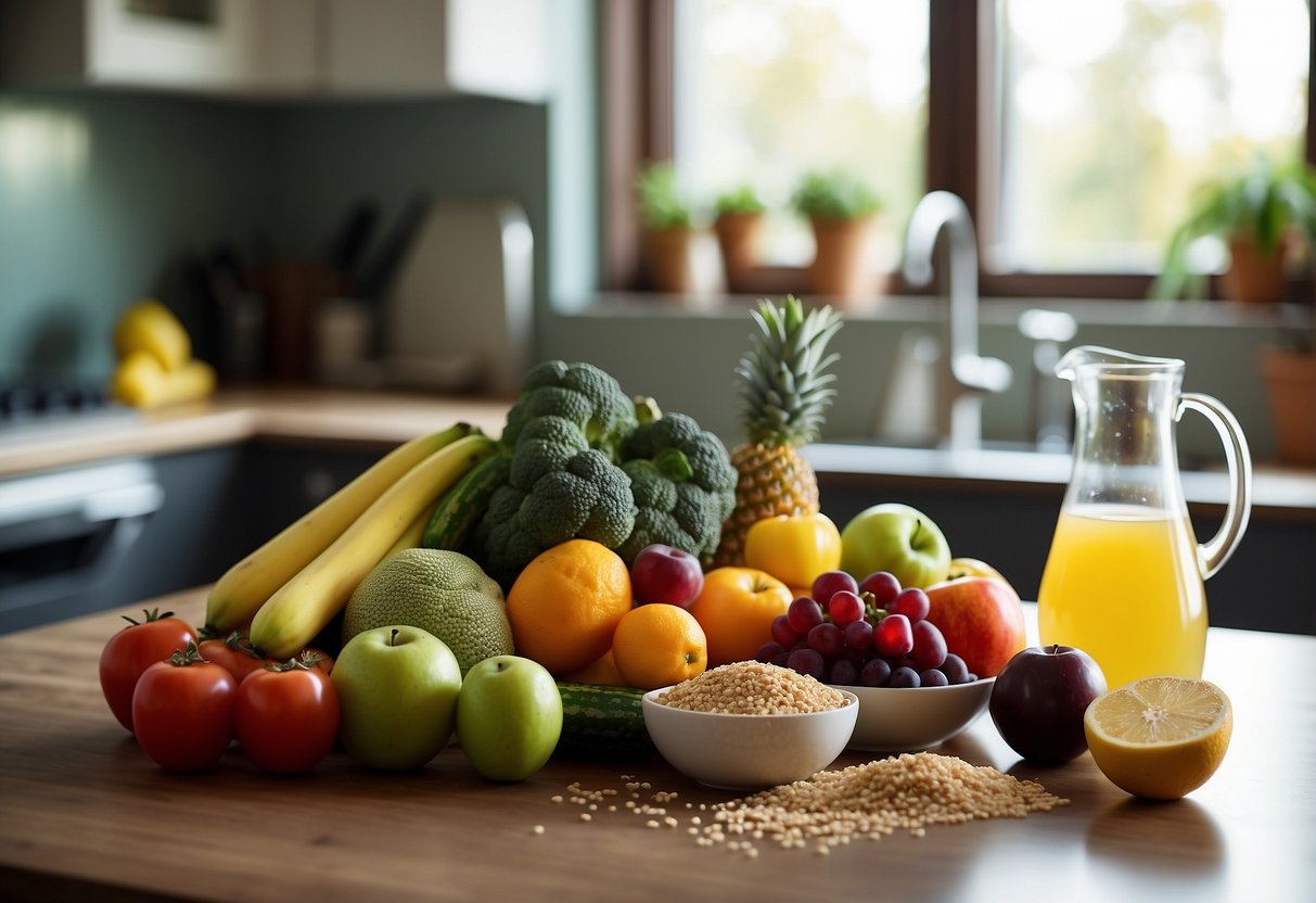 A colorful array of fresh fruits and vegetables arranged on a clean, bright kitchen counter, with a glass pitcher of water and a bowl of quinoa