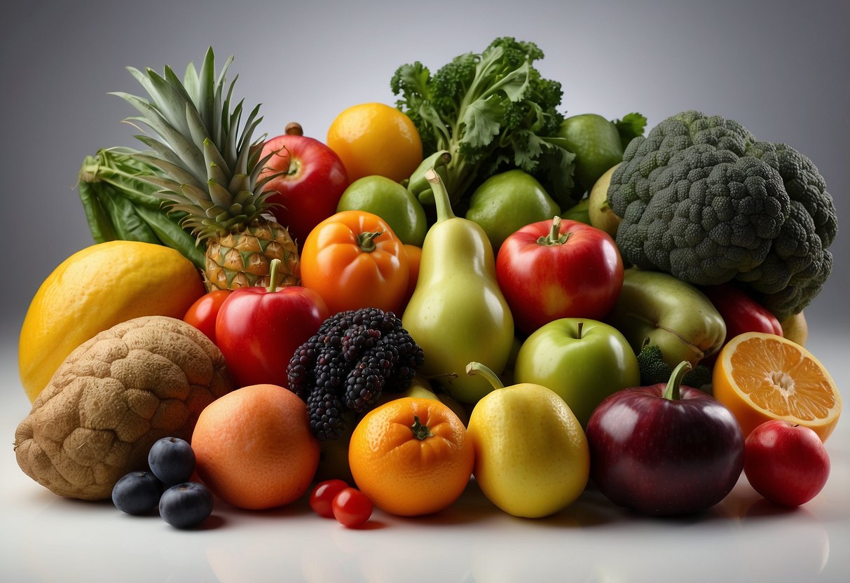 A colorful array of organic fruits and vegetables arranged on a clean, white surface with the words "Choose Organic Fruits and Vegetables" in bold, vibrant letters above