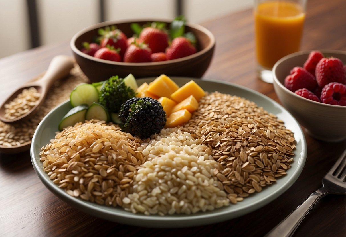 A table set with a variety of whole grains like quinoa, brown rice, and oats, alongside fresh fruits and vegetables. A glass of water and a plate with a balanced meal completes the scene