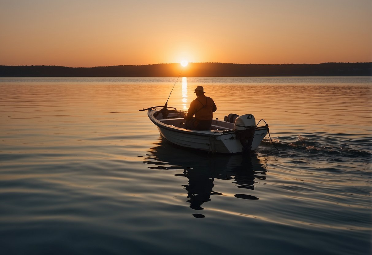 A fishing boat on a calm sea, with a fisherman reeling in a wild-caught fish. The sun is setting in the background, casting a warm glow over the scene