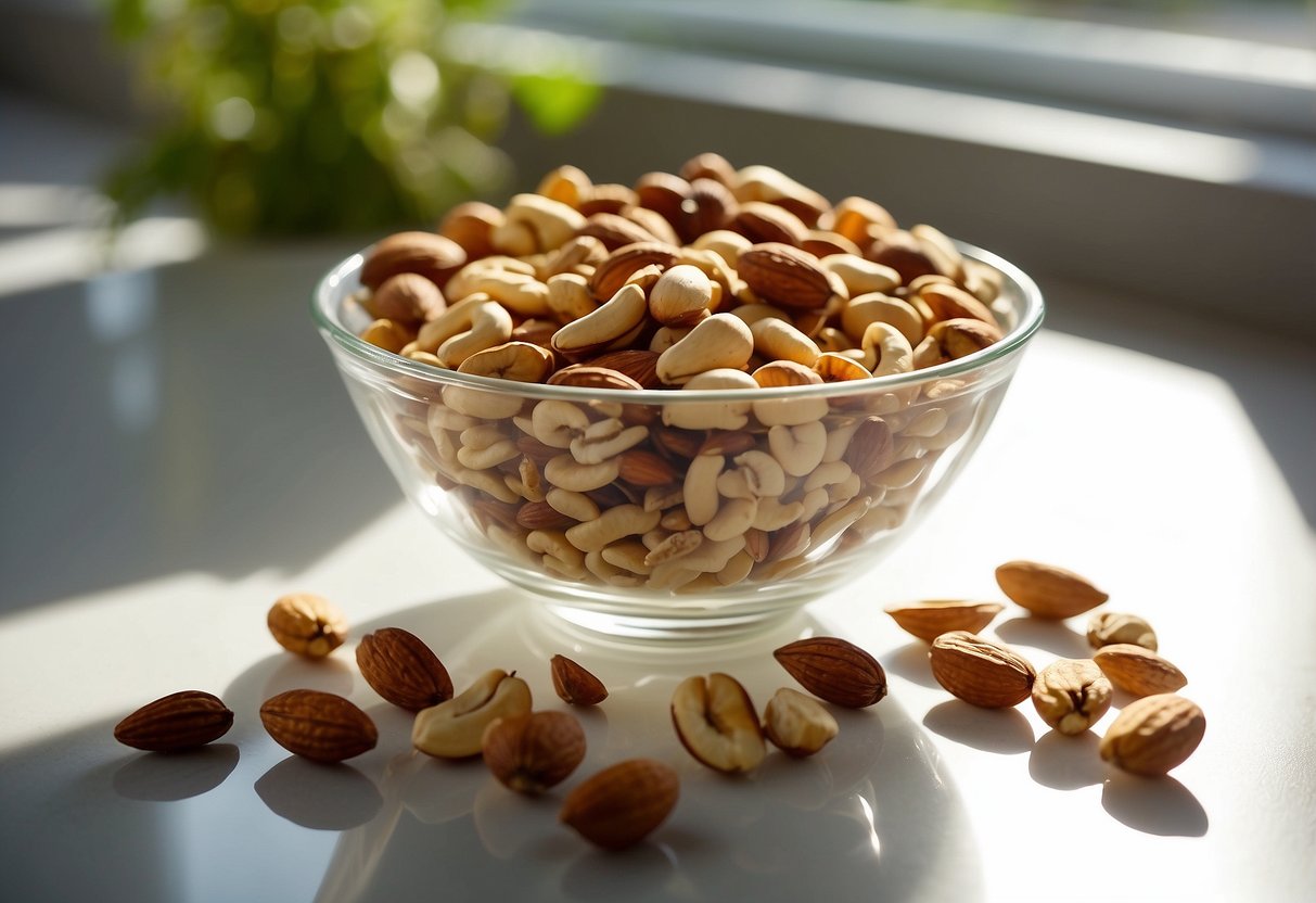 A bowl of mixed nuts and seeds arranged on a clean, white table. A glass of water sits next to the bowl. Sunlight streams in from a nearby window, casting a warm glow on the scene