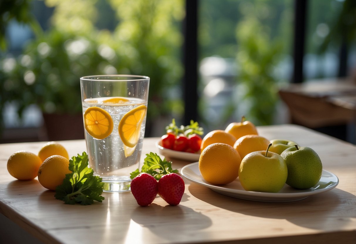 A table set with a glass of water, fresh fruits, and vegetables. A clean, bright space with natural light. Simple, healthy, and refreshing