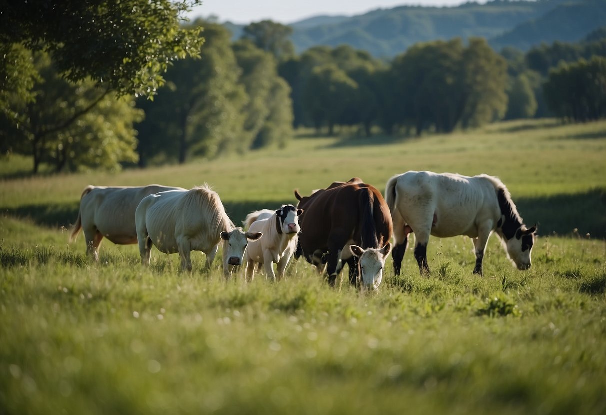 A serene pasture with grazing animals, surrounded by lush greenery and clear blue skies