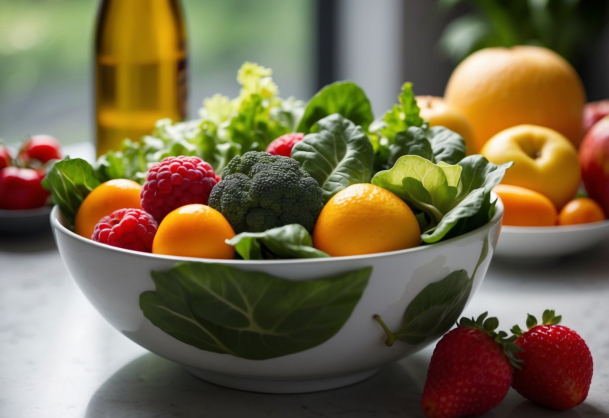 A colorful array of leafy greens arranged on a clean, white surface, surrounded by fresh fruits and vegetables. A bowl of vibrant salad sits in the center, with a fork resting beside it