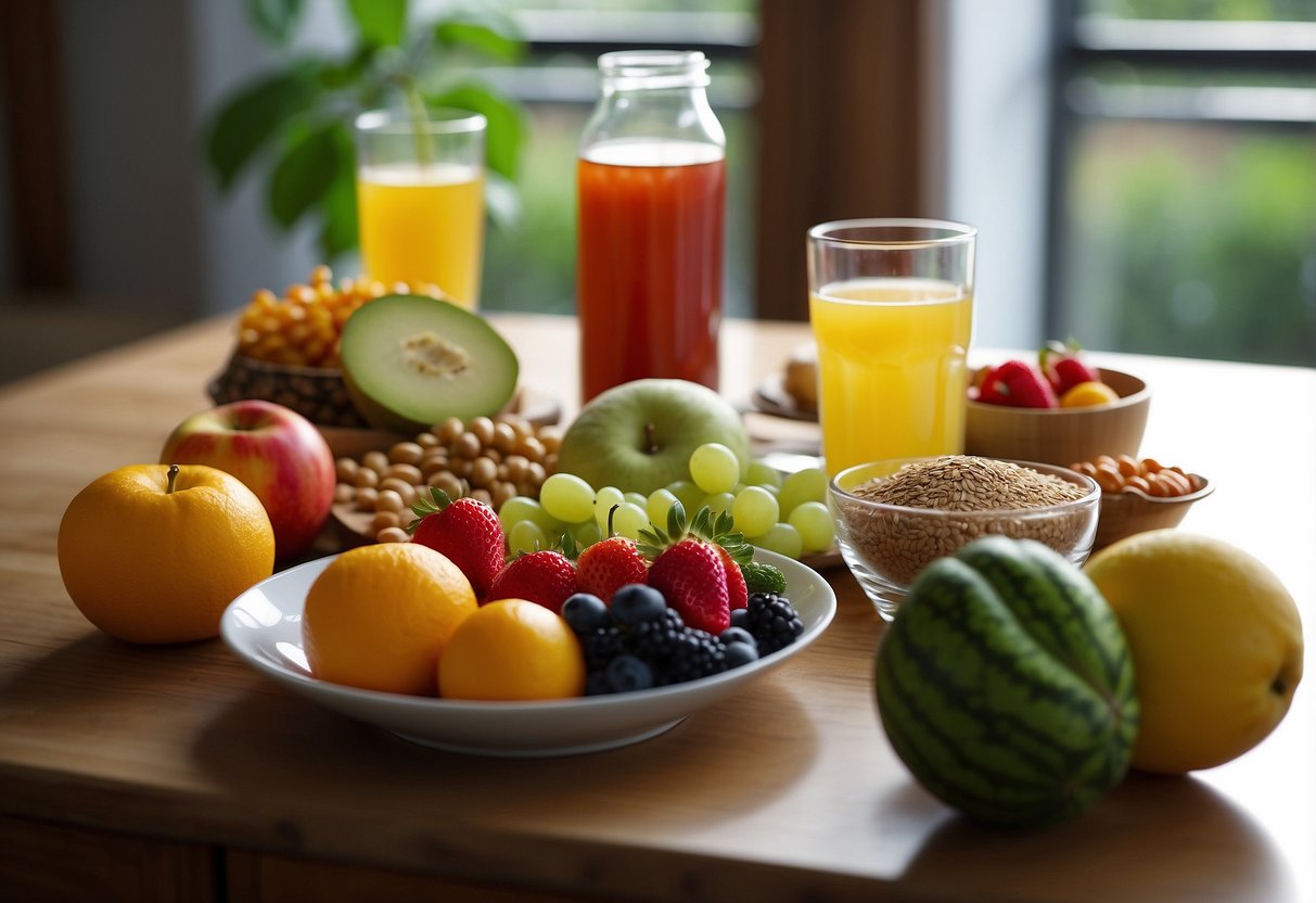 A table set with a variety of colorful fruits, vegetables, and whole grains. A glass of water and prenatal vitamins nearby. Bright, natural lighting