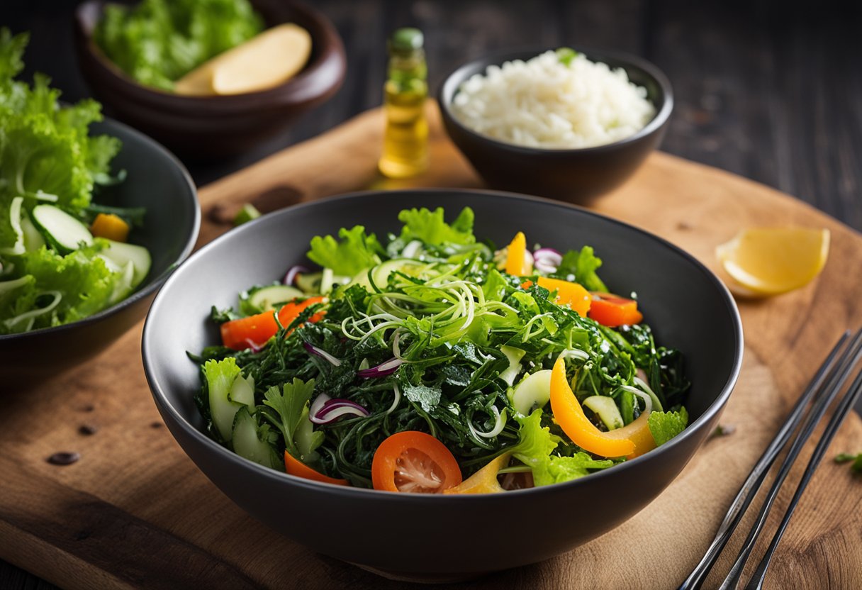 A bowl of seaweed salad sits on a wooden table, surrounded by colorful vegetables and a bottle of dressing