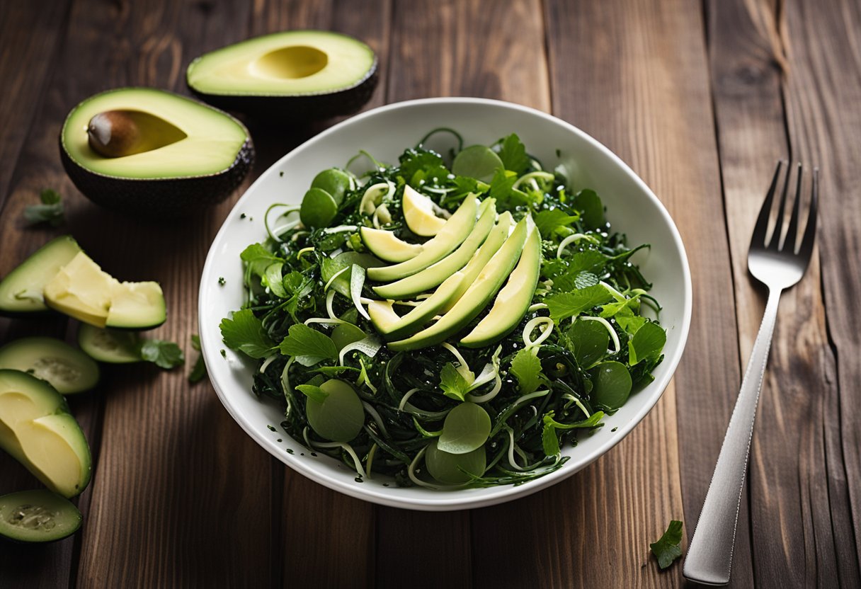 A bowl of seaweed salad with avocado, cucumber, and sesame seeds on a wooden table. A keto-friendly meal