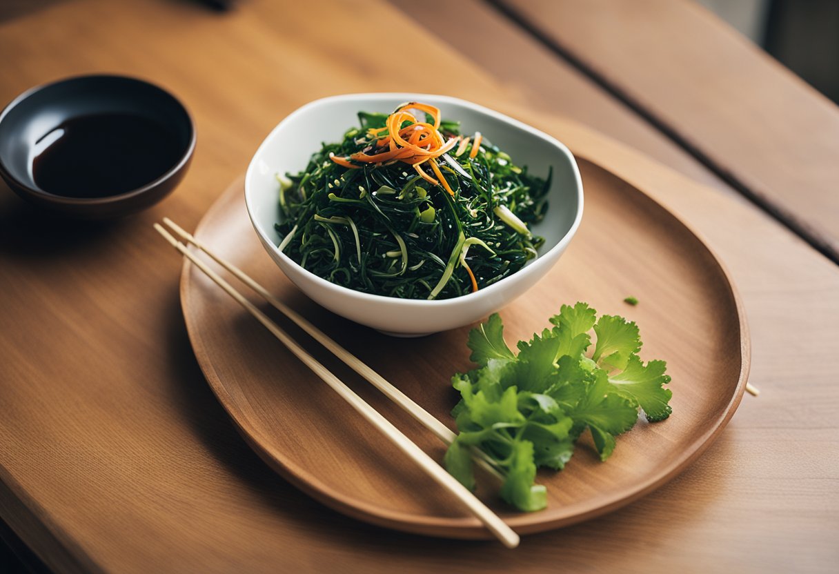 A bowl of seaweed salad sits on a wooden table, surrounded by chopsticks and a small dish of soy sauce