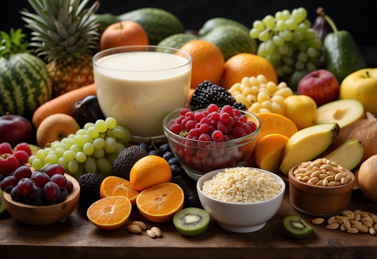 A colorful array of fruits, vegetables, dairy products, and lean proteins spread out on a table, with labels indicating the essential nutrients they provide