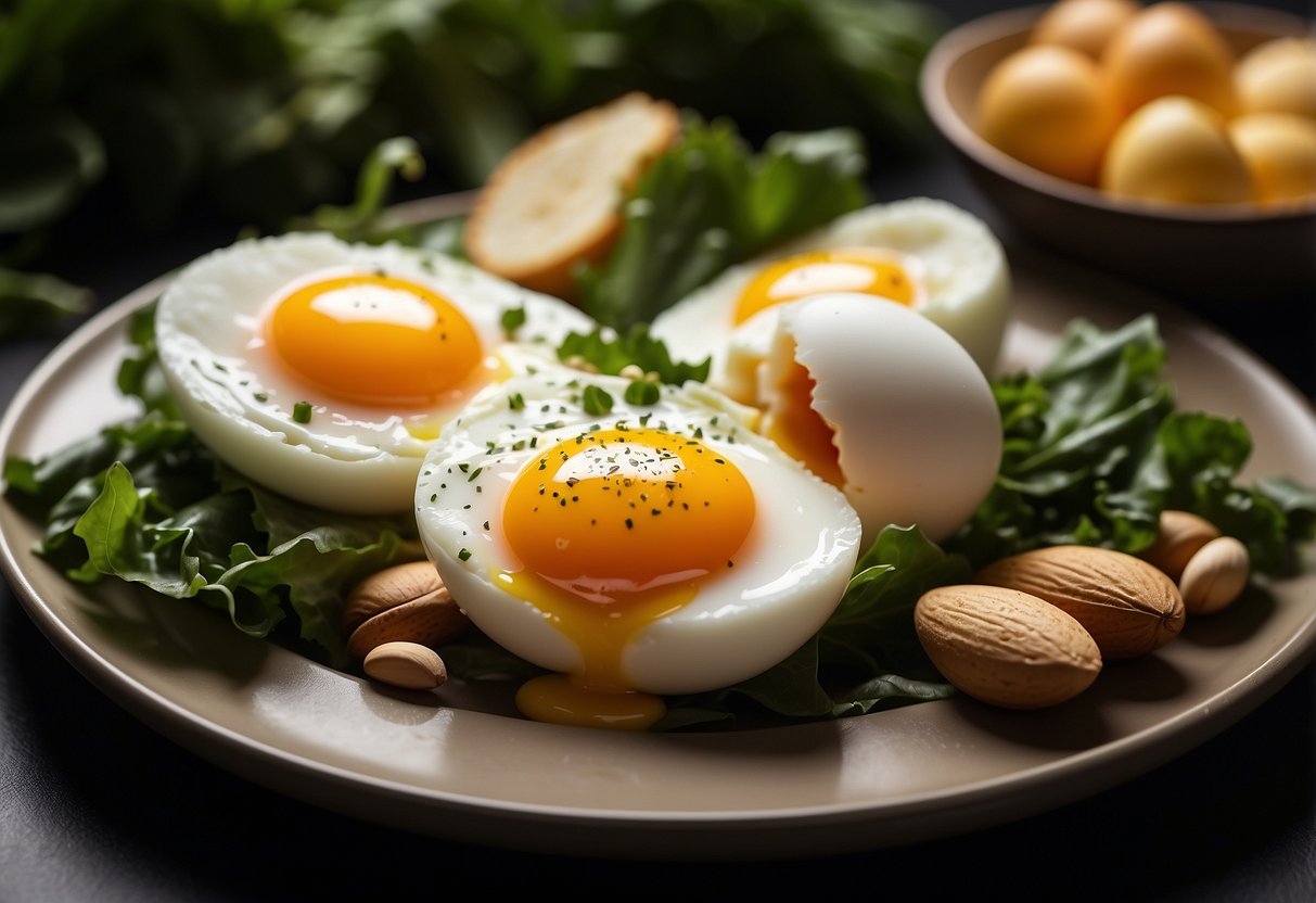 A carton of choline-packed eggs surrounded by nutrient-rich foods like leafy greens, nuts, and dairy products