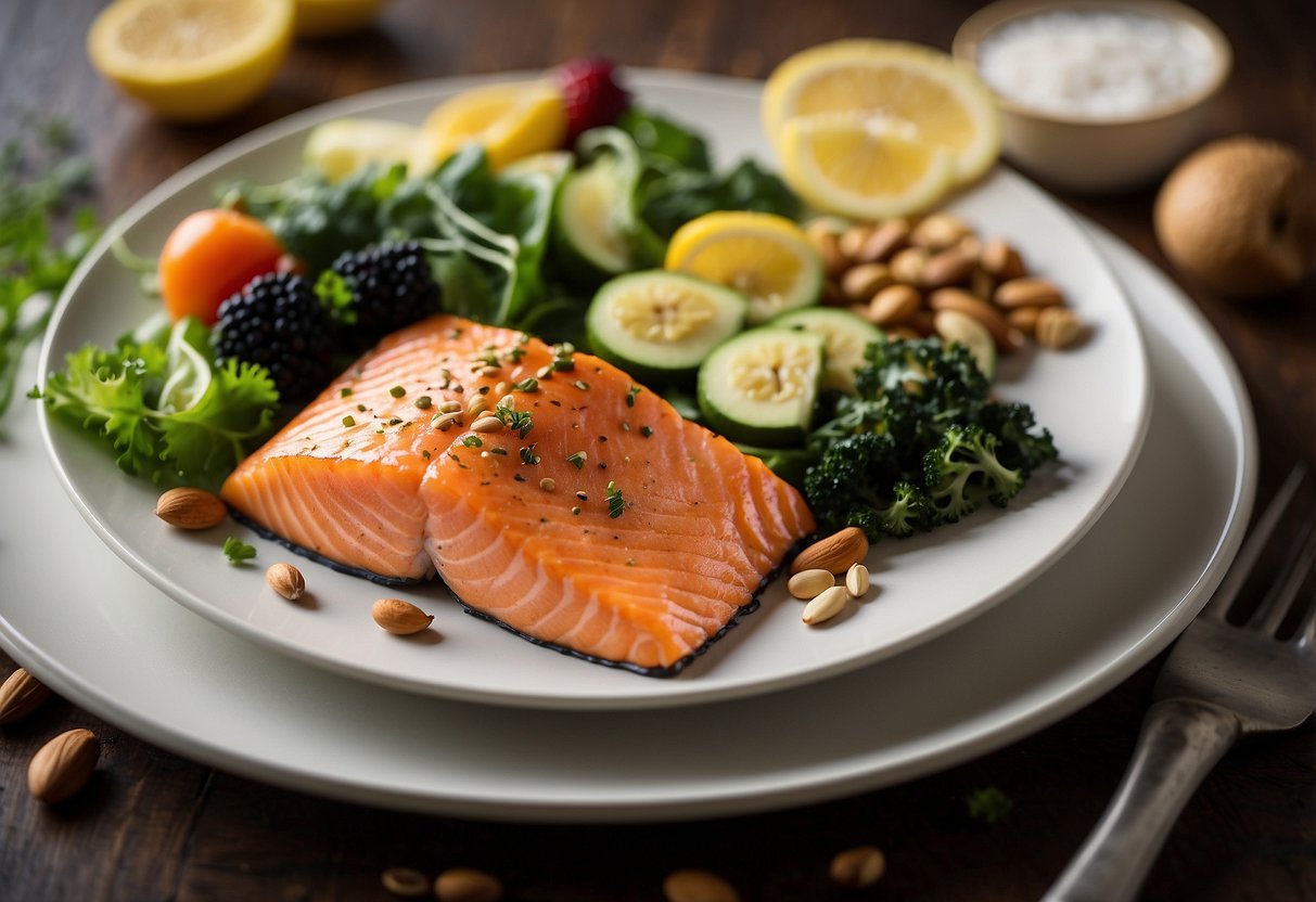 A plate of DHA-enriched salmon surrounded by various foods rich in essential nutrients, such as leafy greens, nuts, and fruits