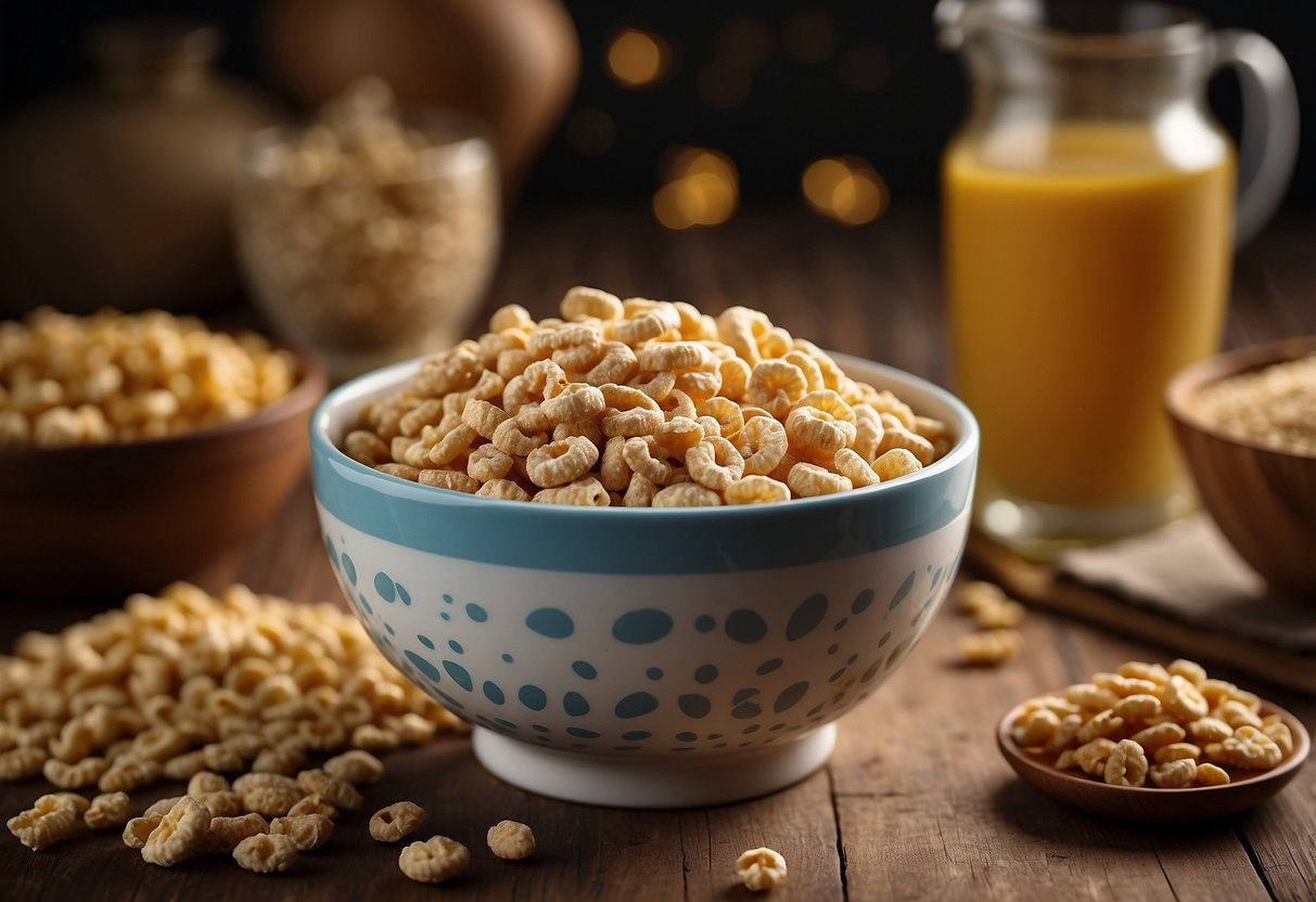 A bowl of iron-fortified cereal surrounded by images of essential nutrients like calcium, folic acid, and vitamin D