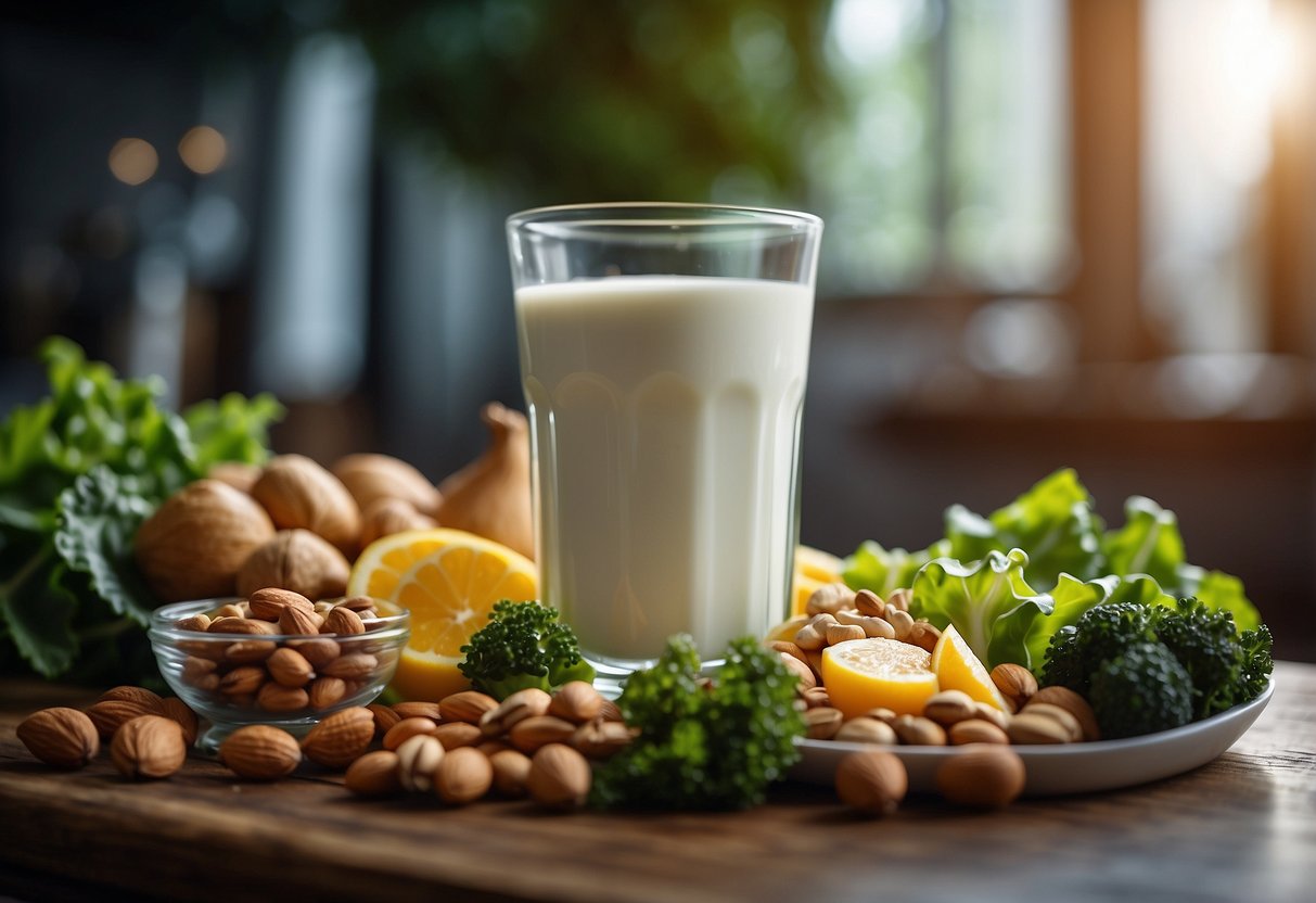 A glass of milk surrounded by a variety of nutrient-rich foods, such as leafy greens, nuts, and fish, with a prominent focus on the calcium content