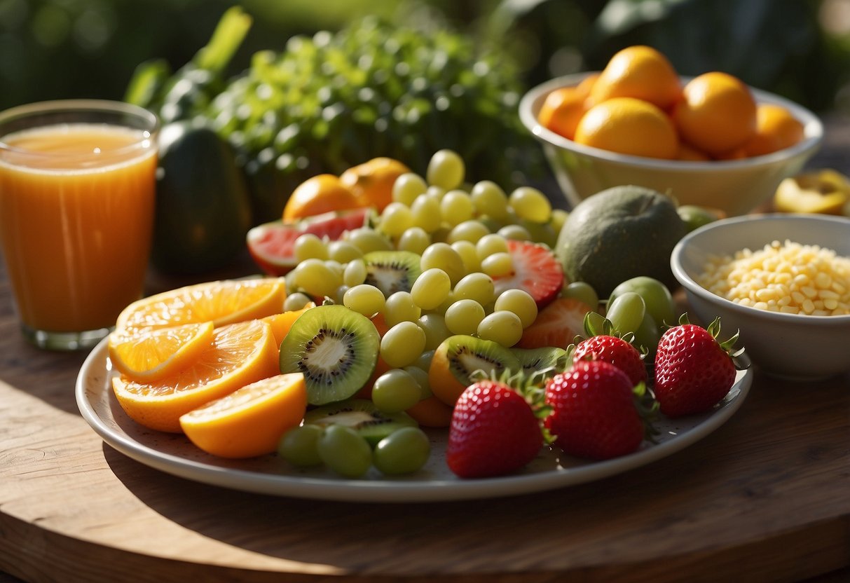 A bright sun shines down on a variety of nutrient-rich foods, including fruits, vegetables, and dairy products. The scene is filled with vibrant colors and a sense of vitality