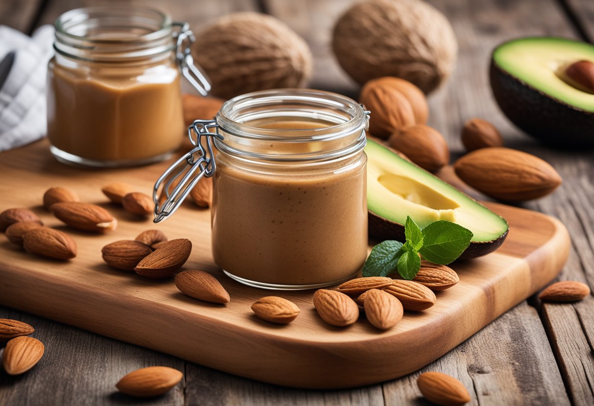 A jar of almond butter surrounded by keto-friendly ingredients like nuts and avocados on a wooden cutting board