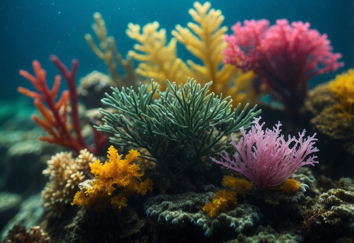 A colorful underwater scene with various types of iodine-rich seaweed surrounded by other nutrient-rich marine plants and creatures