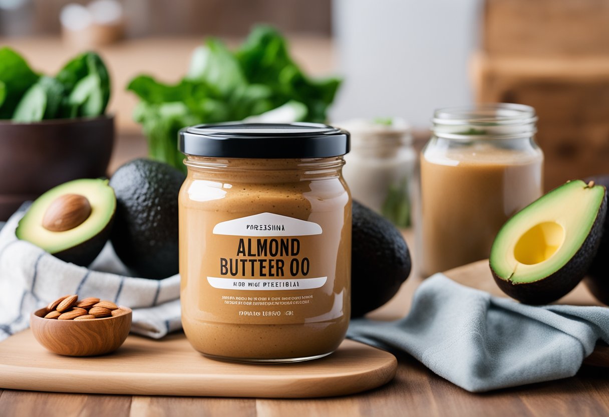 A jar of almond butter surrounded by keto-friendly foods like avocados, eggs, and leafy greens, with a keto meal plan in the background