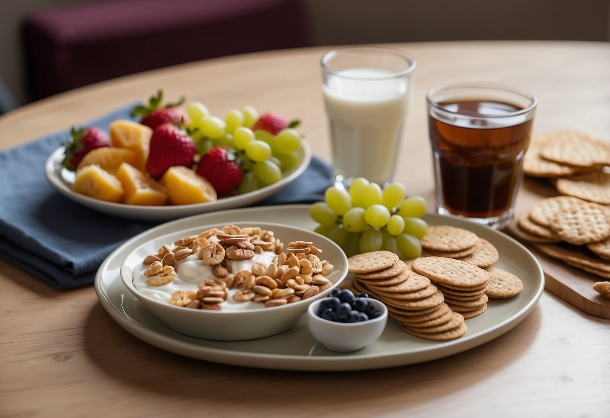 A table with a variety of healthy snacks: nuts, fruits, yogurt, and whole grain crackers. A glass of water and a pregnancy book nearby