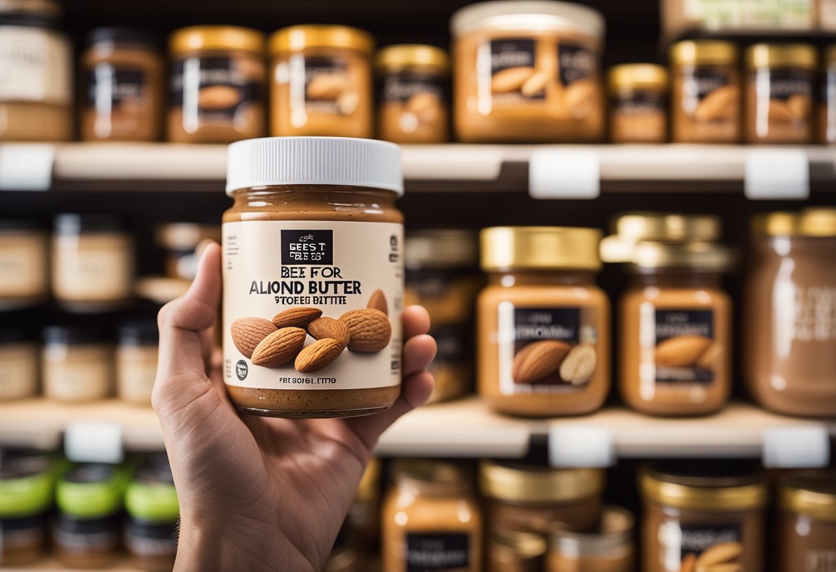 A hand reaches for a jar of almond butter labeled "best for keto" among a variety of options on a store shelf