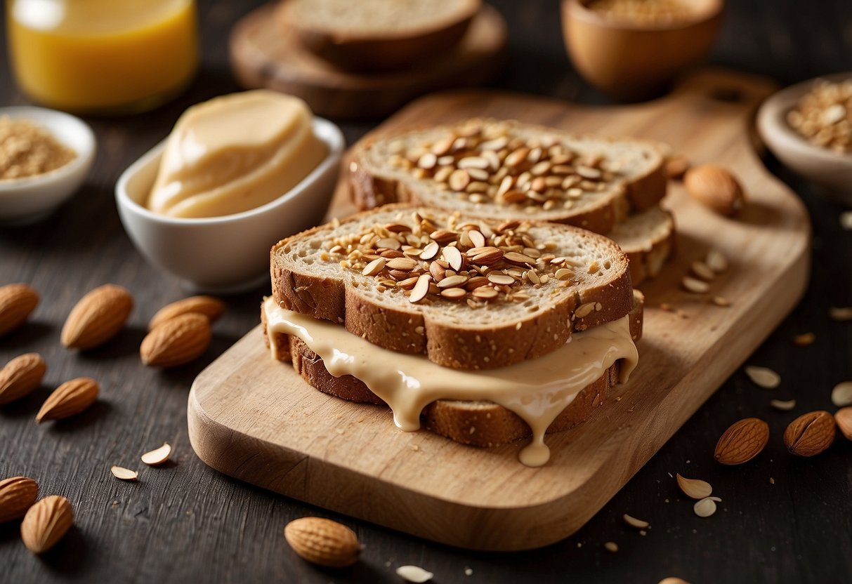 A slice of whole grain toast is spread with creamy almond butter, creating a delicious and healthy snack option for pregnant women