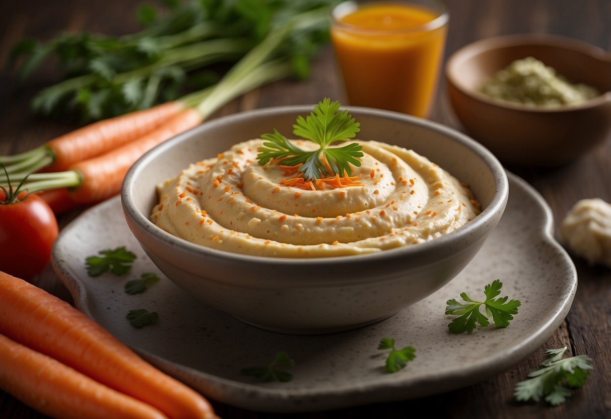 A plate of hummus with a side of carrot sticks, arranged in an appetizing and visually appealing manner