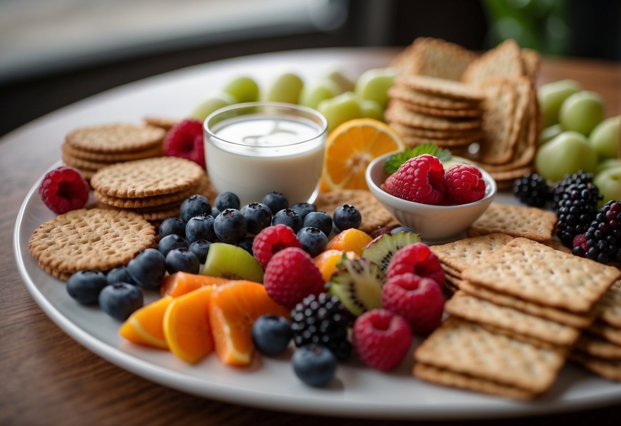 A table with a variety of colorful fruits, nuts, and whole grain crackers. A glass of water and a bowl of yogurt with berries. A plate of vegetable sticks with hummus