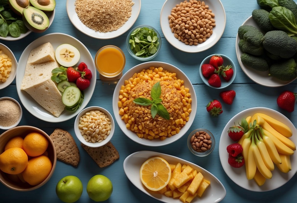 A table set with colorful and nutritious meals, surrounded by pregnancy-friendly ingredients like fruits, vegetables, and whole grains