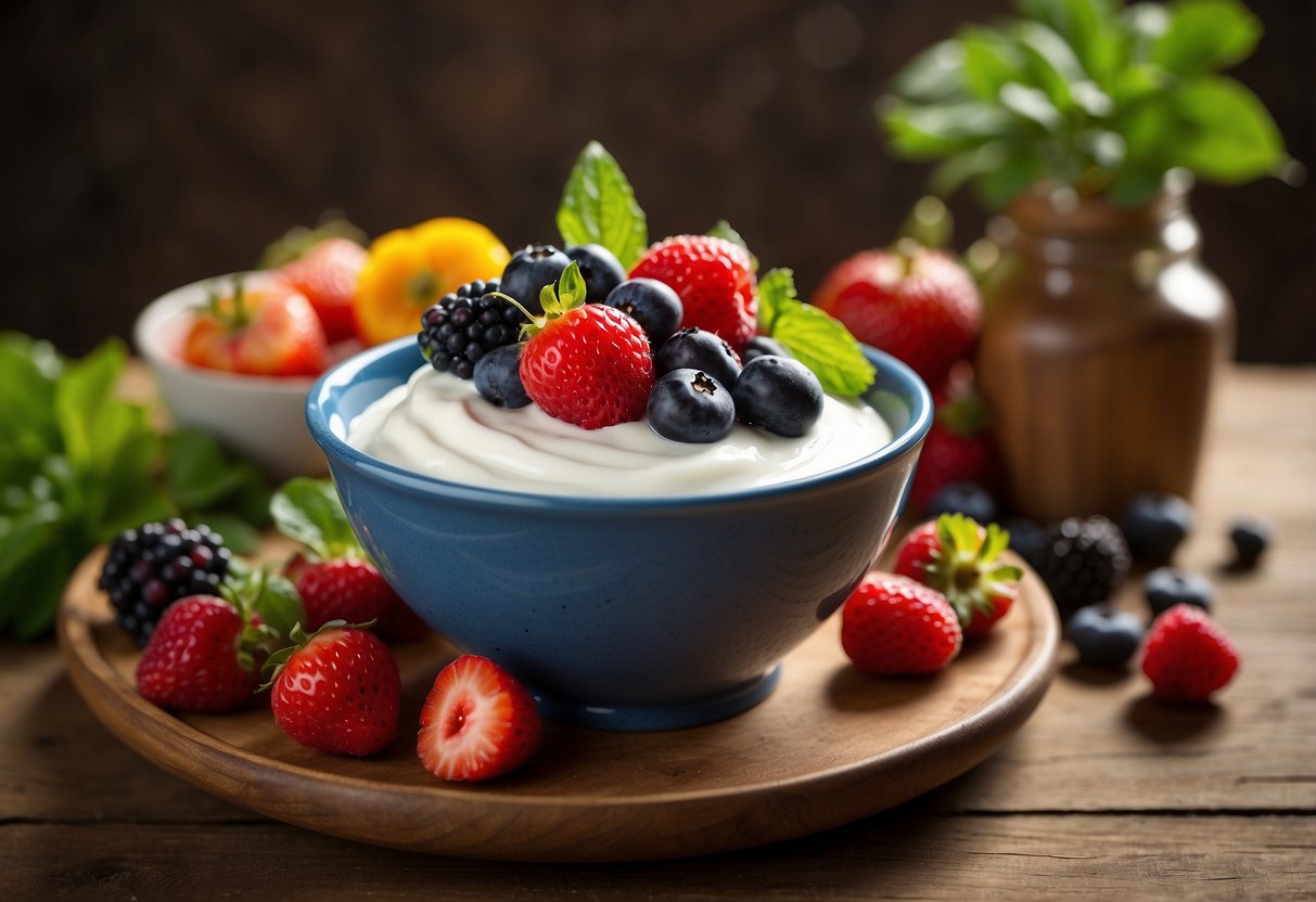 A bowl of Greek yogurt topped with fresh berries sits on a wooden table surrounded by a variety of colorful fruits and vegetables