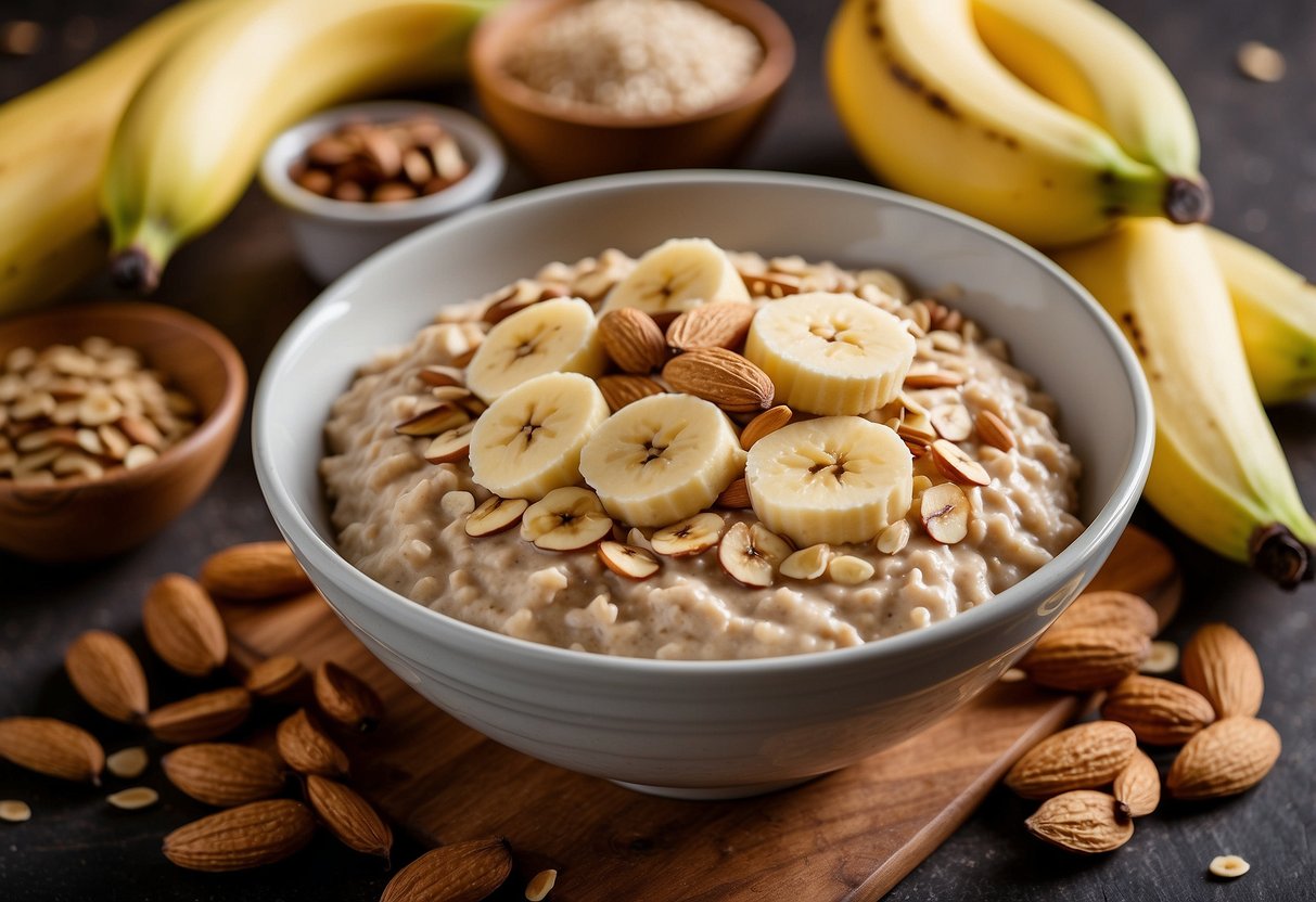 A bowl of oatmeal topped with almond butter and sliced banana, surrounded by ingredients and a pregnancy meal plan