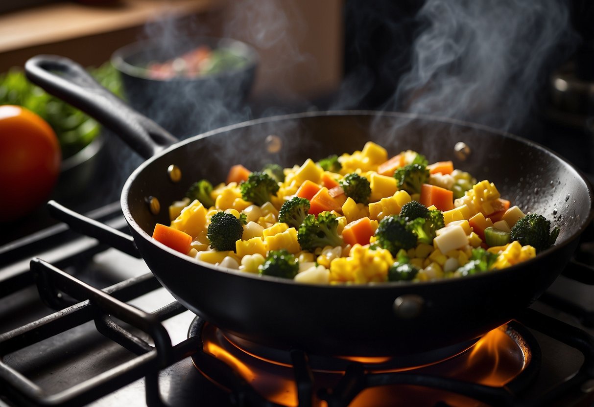 A colorful array of diced vegetables and scrambled eggs sizzling in a pan on a stovetop, with steam rising and a sprinkle of herbs on top