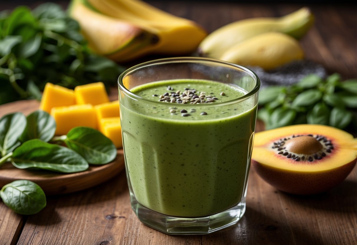 A glass of green smoothie with spinach, mango, and chia seeds on a wooden table with a colorful placemat