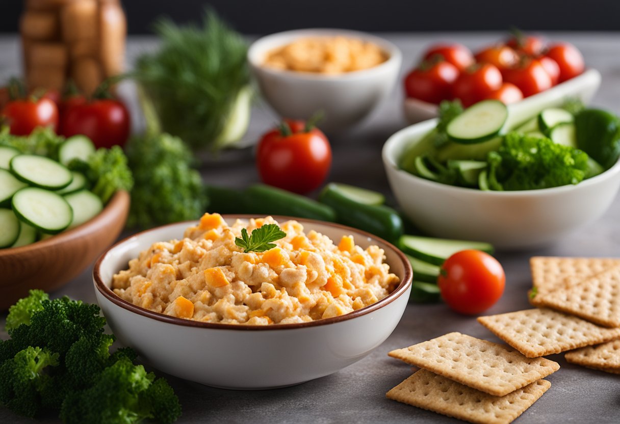 A bowl of pimento cheese surrounded by fresh vegetables and whole grain crackers